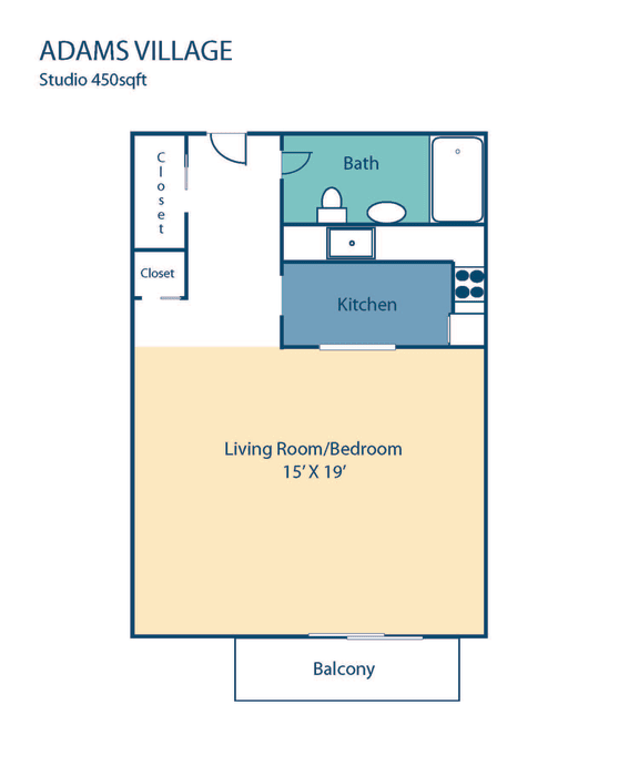 Studio Floorplan for Adams Village Apartments in Dorchester, MA Adams Village Studio Floorplan