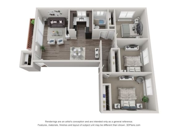 3D Three Bedroom Floor Plan at Westmont Village, Illinois
