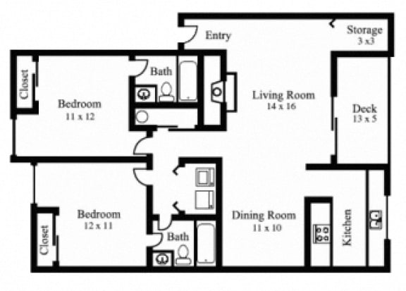 Floor Plan  2Bedroom, 2Bath - Traditional