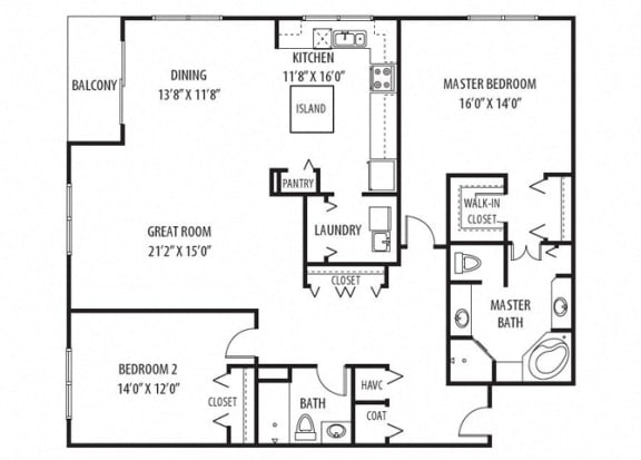 2 Bedroom 2 Bathroom, 1,931 Sq.Ft. Floor Plan at Two Itasca Place, Itasca, IL, 60143