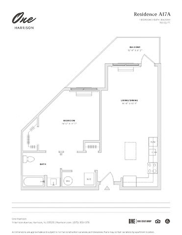 Floor Plan  Residence A17A 1 Bed 1 Bath Floor Plan at One Harrison, Harrison, NJ