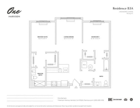 Residence B3A 2 Bed 2 Bath Floor Plan at One Harrison, New Jersey