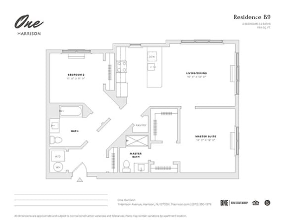Floor Plan  Residence B9 2 Bed 2 Bath Floor Plan at One Harrison, Harrison, NJ, 07029