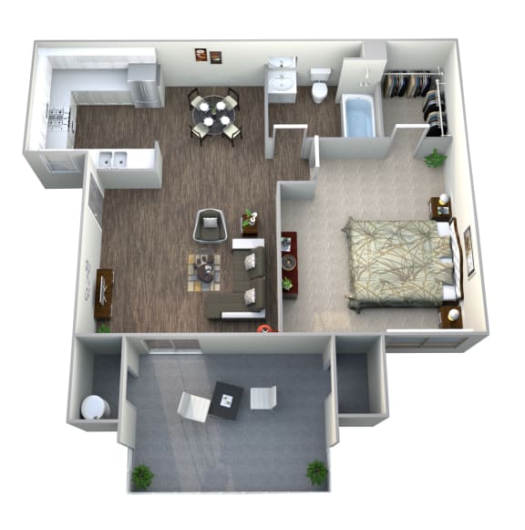 Floor Plan  1 Bedroom &amp; 1 Bathroom Apartment Floor Plan At Riverton of the High Desert Apartments in Victorville, CA
