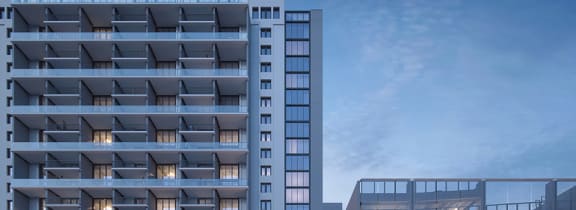 a rendering of a tall building next to a shorter building
