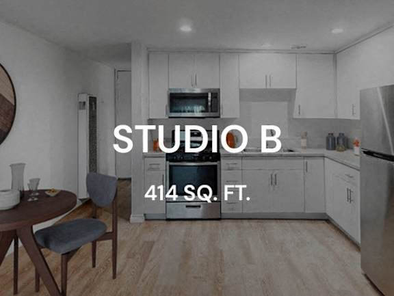 A kitchen with the words "STUDIO B" and "414 SQ. FT." overlaid on it.