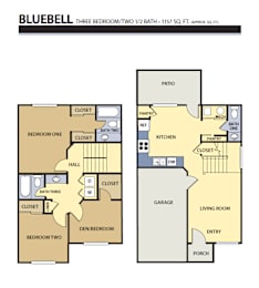 3 bedroom 2 bathroom floorplan at Liberty Hill Apartments, Draper, UT 84020