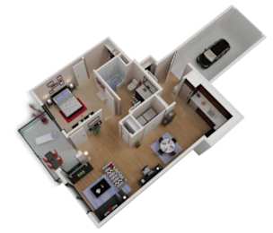 A 3D floor plan of a house with a kitchen, living room, and two bedrooms.
