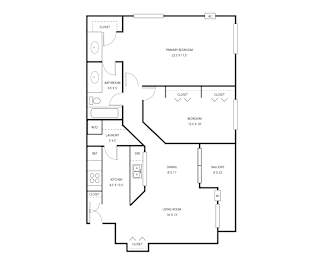 A drawing of a two bedroom apartment with a living room, bathroom, kitchen, and laundry room.