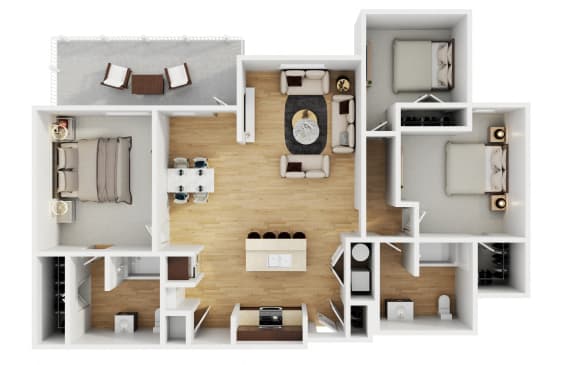 a 3d floor plan of a room with furniture and a wooden floor