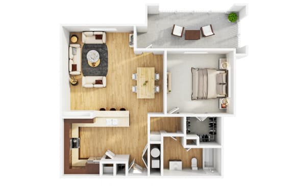 a stylized floor plan of a bedroom with a living room
