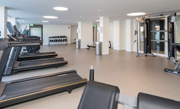 A gym with treadmills and other exercise equipment.