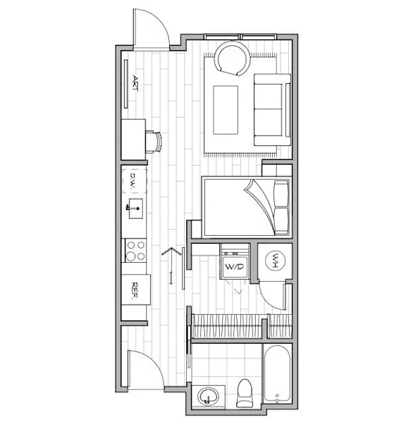 A floor plan of a house with a kitchen, living room, and bathroom.