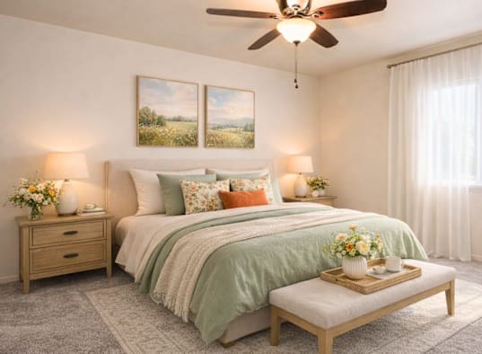 A bedroom with a bed, nightstand, and a ceiling fan.