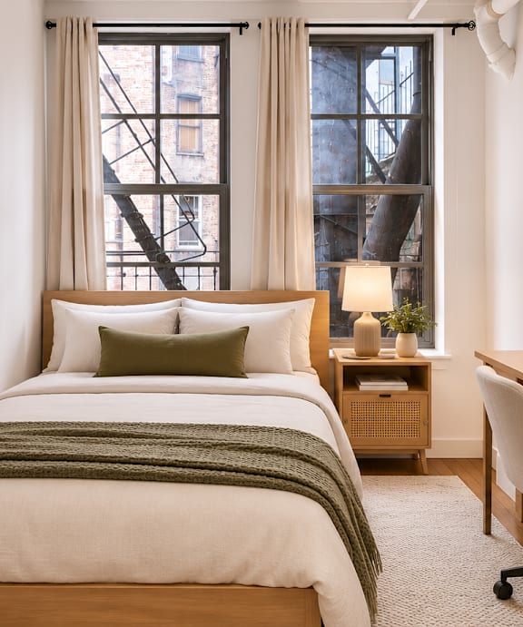 A room with a ceiling fan and two windows.