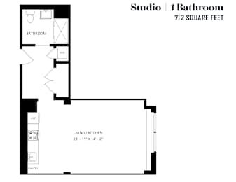 A floor plan of a studio apartment with one bathroom.