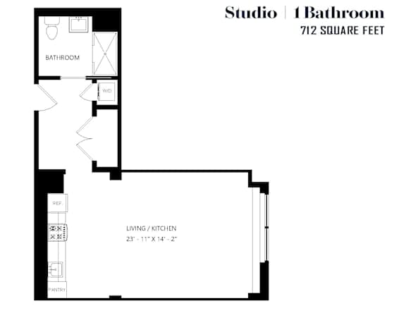 A floor plan of a studio apartment with one bathroom.