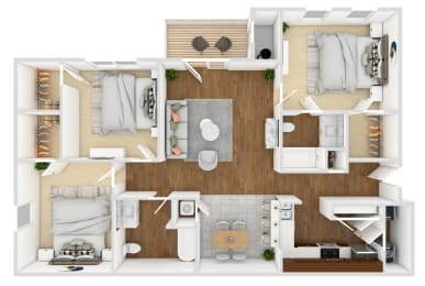 3 Bedroom Floor Plan | 1,396 Sq. Ft. at Landing at Willow Bayou Apartment Homes in Bossier City, LA