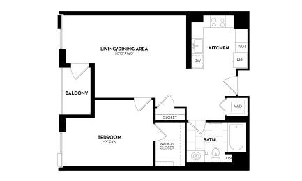 1 Bedroom, 1 Bathroom - 808 square feet