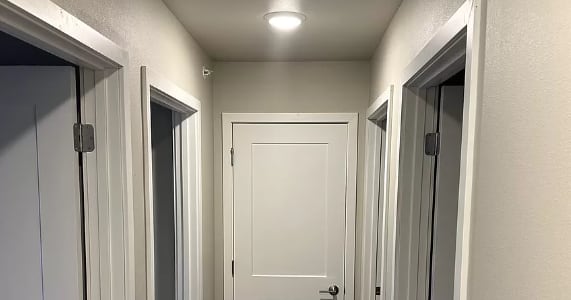 a hallway with closets and doors and a carpeted floor