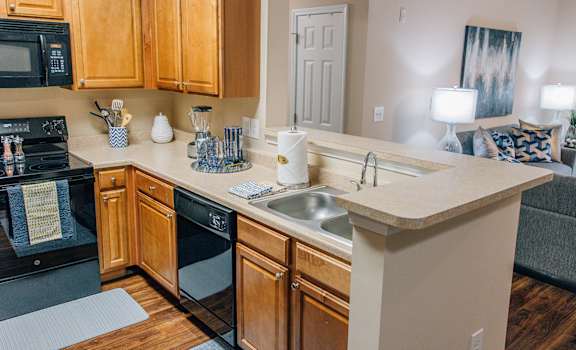 a kitchen with a sink and a dishwasher and wooden cabinets
