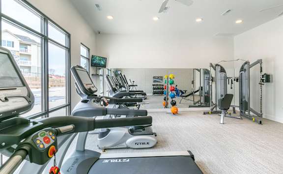A gym with treadmills, exercise balls, and weight machines.