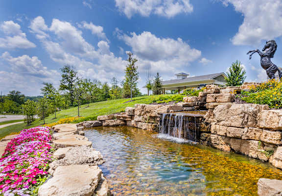 A small waterfall in a garden surrounded by rocks and flowers.