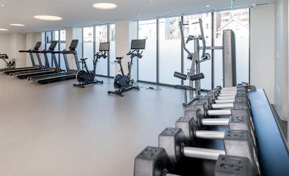 A gym with a row of dumbbells on the right.