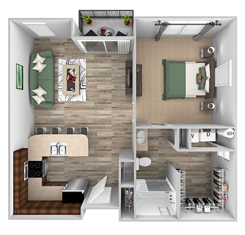 ABQ Uptown Apartments - A8 - 1 bedroom and 1 bath - 3D floor plan