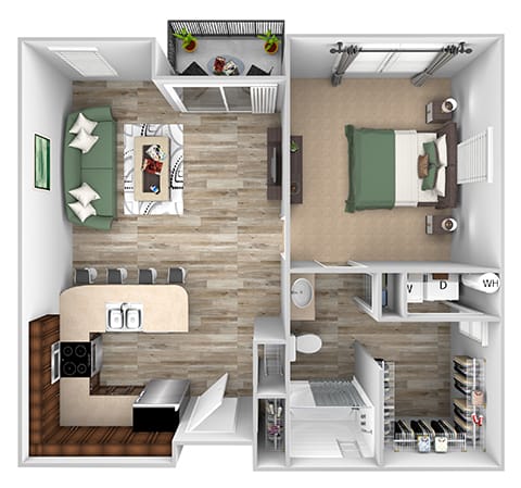 ABQ Uptown Apartments - A9 - 1 bedroom and 1 bath - 3D floor plan