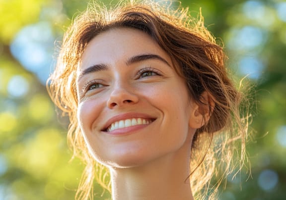 A woman with a light grey shirt is smiling.