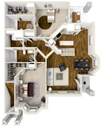 Two bedroom, Two bathroom floor plan at Audubon Park Apartment Homes in Zachary, LA