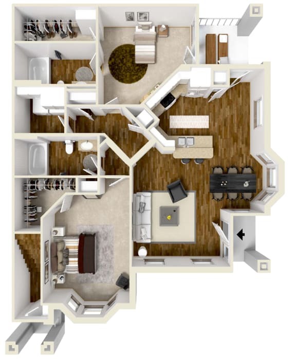 Two bedroom, Two bathroom floor plan at Audubon Park Apartment Homes in Zachary, LA