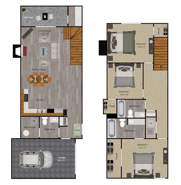 3 Bedroom Townhome with 1 Car Garage