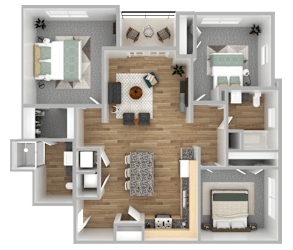A 3D floor plan of a house with a living room, kitchen, dining room, and bedrooms.