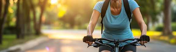 A woman is riding a bicycle on a tree-lined street.