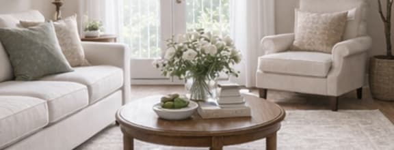 A modern dining room with a wooden table and chairs.