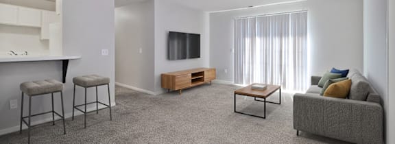 A living room with a grey carpet and furniture.