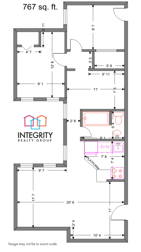 2 Bed 1 Bath Floor Plan at Integrity Gold Coast, Cleveland, 44102