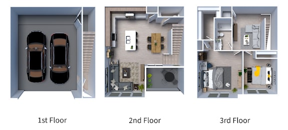 Floor Plan  A diagram of a three-story apartment layout.