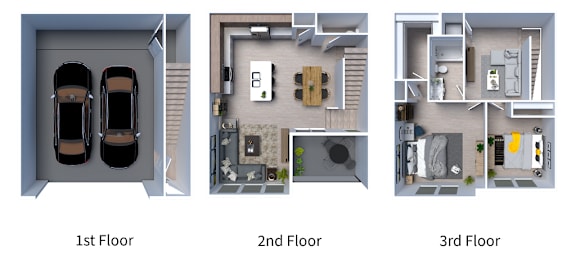 A diagram of a three-story apartment layout.