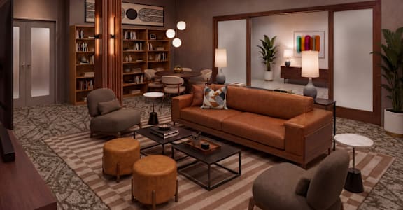 A living room with a brown sofa, armchairs, and a coffee table.