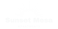 the logo for sunset mesa apartments with a sunburst and the words sung mega