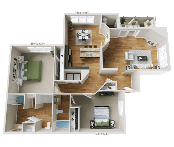 Floor Plan  Crestline Cary two bedroom, two bathroom floor plan with 1148 sqft