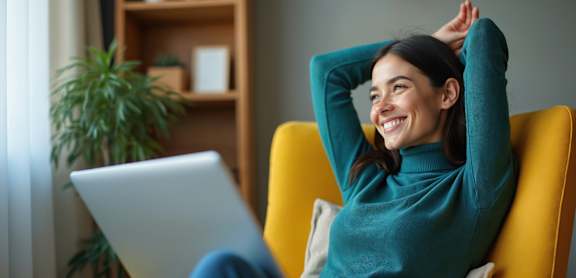 A woman is sitting in a yellow chair with her laptop on her lap.