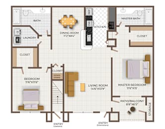 A floor plan of a two bedroom apartment with two bathrooms.