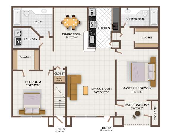 A floor plan of a two bedroom apartment with two bathrooms.