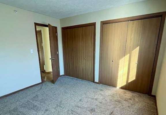 a bedroom with a carpeted floor and two side-by-side closets