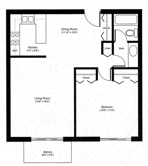 the floor plan of one bedroom with one bathroom and a closet