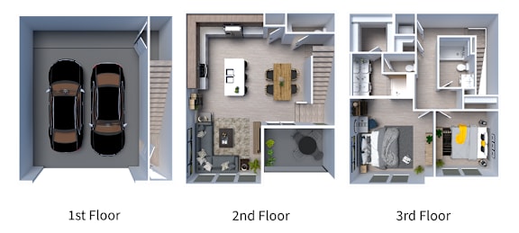Floor Plan  a 3d floor plan of a small apartment with 3 bedrooms and a bathroom